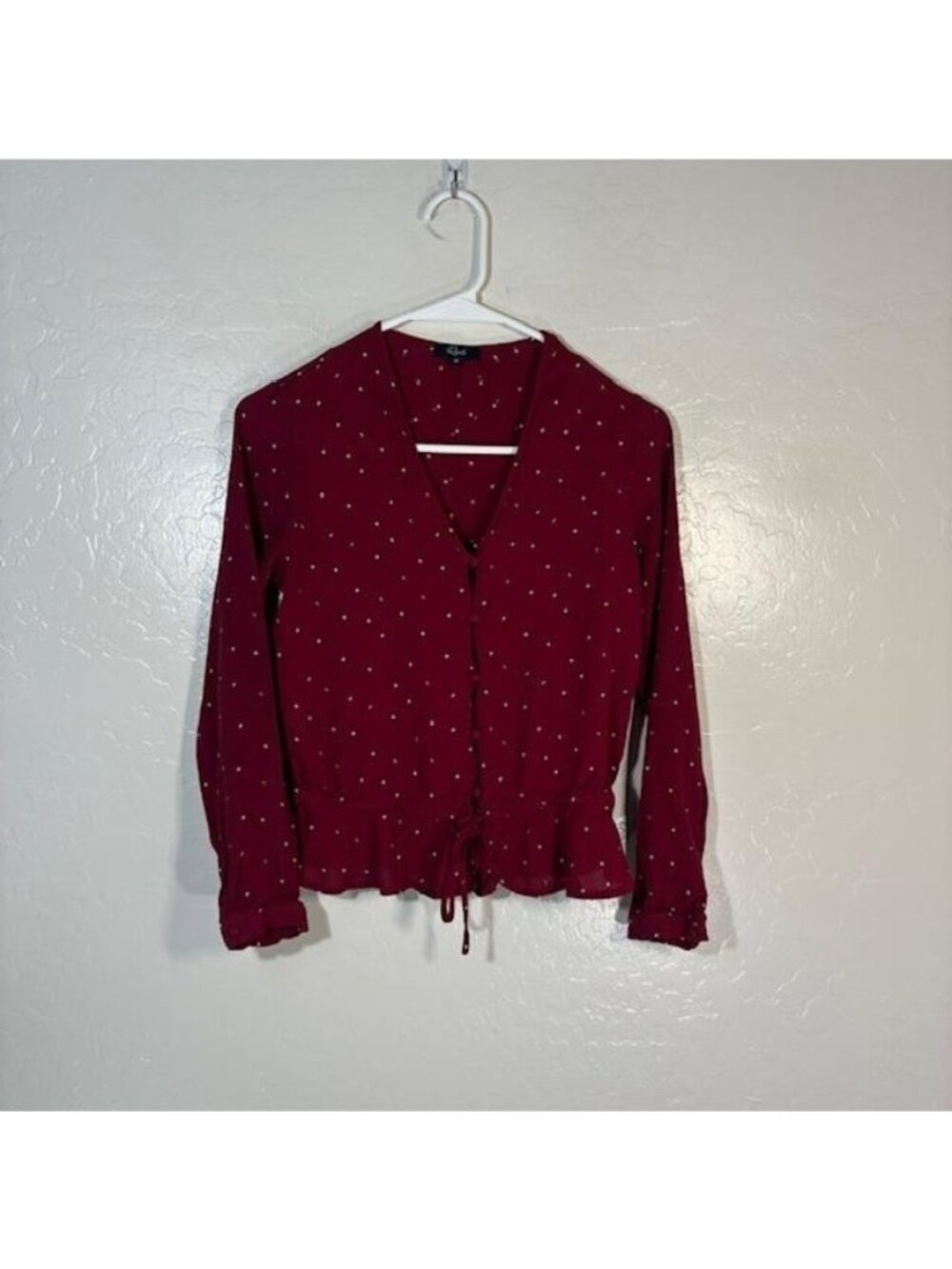 Rails Blouse Womens XS Red V Neck Long Sleeve Button Ruffle Polka Dot Beaux Top